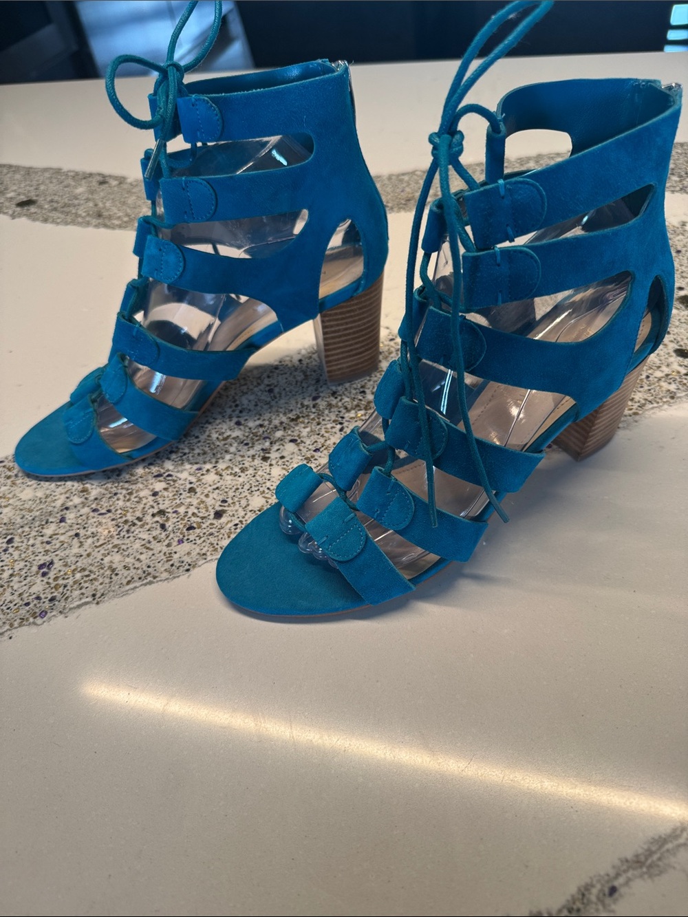 Marc Fisher Teal Lace-Up Cutout Block Heel Sandals NWOT Zipper Sz8.5
